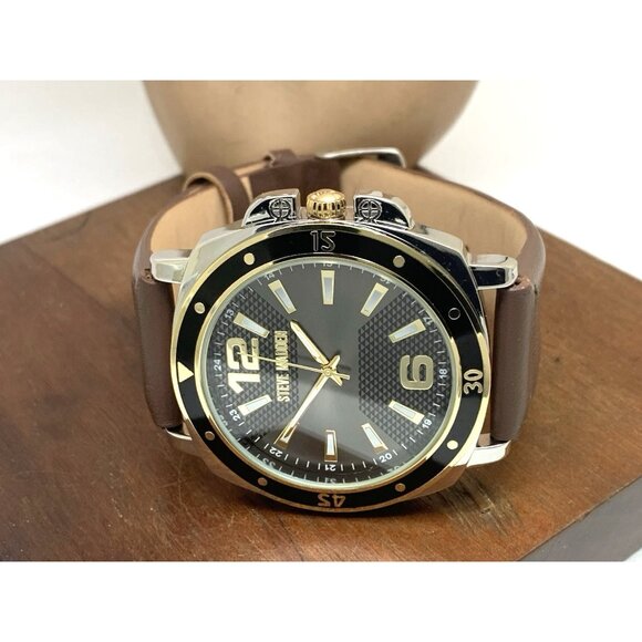 Steve Madden Men's Watch SM-9132TT Quartz Black Dial Brown Leather Band 45mm - Picture 7 of 13